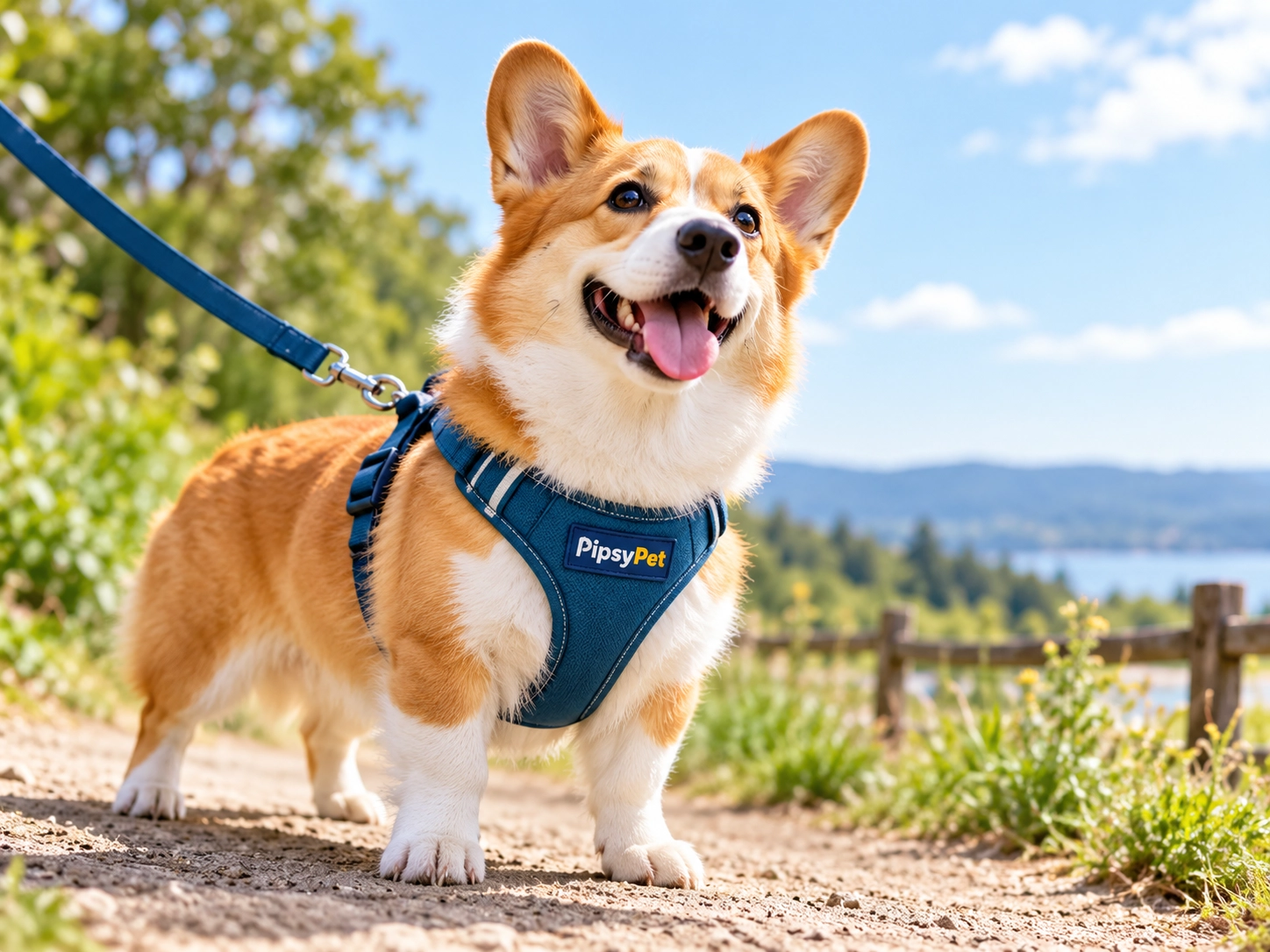 Dog wearing a walking harness outdoors