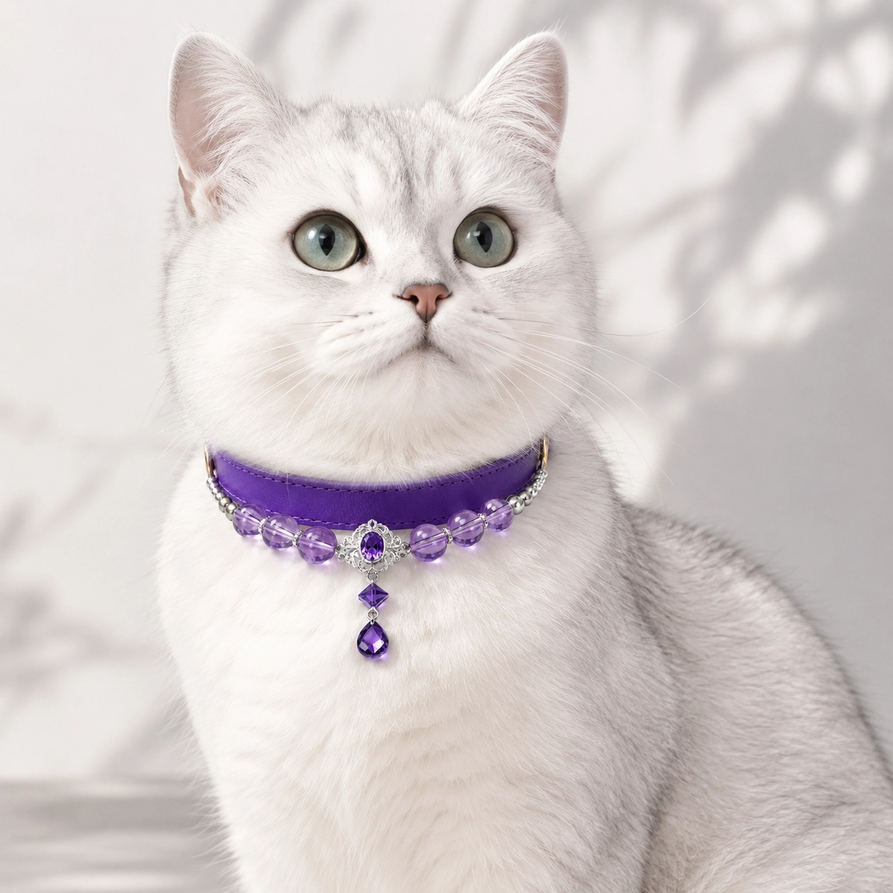 White cat wearing a purple collar